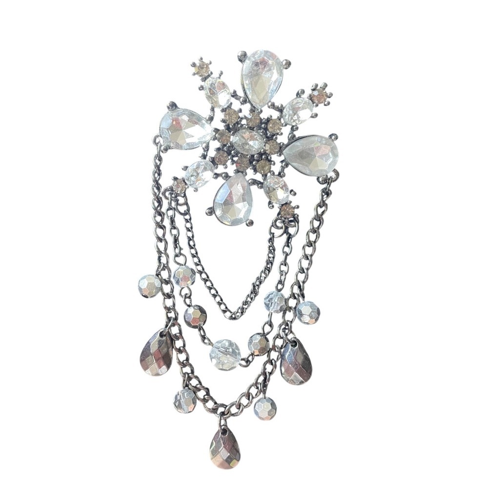 Rhinestone Brooch Pin‎ Dangle Chain Statement Jewelry Silver Tone